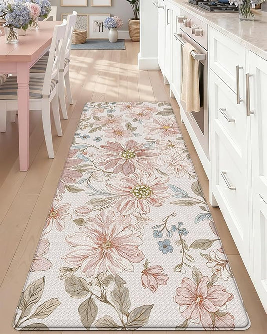DEXI Kitchen Mats for Floor, 17x59, Cushioned Standing Mat Anti Fatigue, Waterproof Comfort Floral Padded for Laundry Room Office, Pink