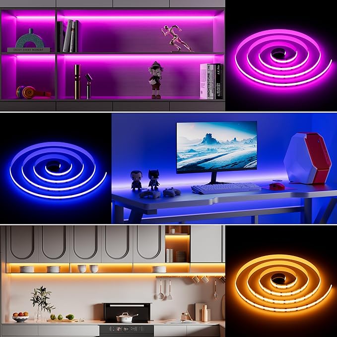 MIWISE RGB COB LED Strip Light 32.8ft/10m,Color Changing Dimmable Strip Light DC24V,Multicolor Flexible Tape Light 10mm Width,for TV,Bedroom,Party DIY Decoration(Power Supply&Controller NOT Included)