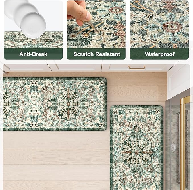 KIMODE Kitchen Mats Cushioned Anti Fatigue, Boho Oriental Kitchen Rugs 17"x47"+17"x29", Non Slip Kitchen Mats for Floor, Padded Kitchen Floor Mats for Sink Laundry Office Desk Green Multi