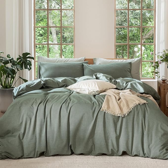 MooMee Bedding Duvet Cover Set 100% Washed Cotton Linen Like Textured Breathable Durable Soft Comfy (Heathered Green, King 104"x90")