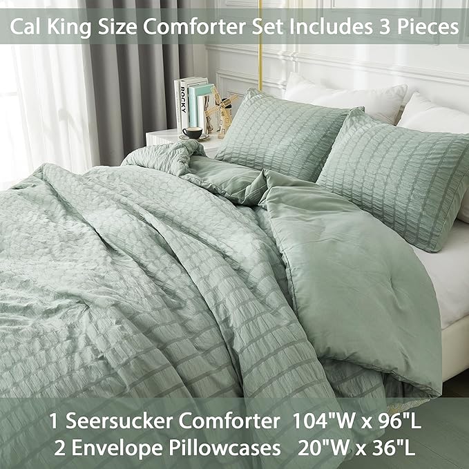 AveLom Sage Green Seersucker California King Comforter Set (104x96 inches), 3 Pieces-100% Soft Washed Microfiber Lightweight Comforter with 2 Pillowcases, All Season Down Alternative Bedding Set