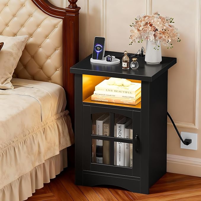 JUMMICO End Table with Charging Station and LED Open Shelf & Glass Door Cabinet, Farmhouse Nightstand with 20W Fast Charge, Side Table for Living Room (1,Black)