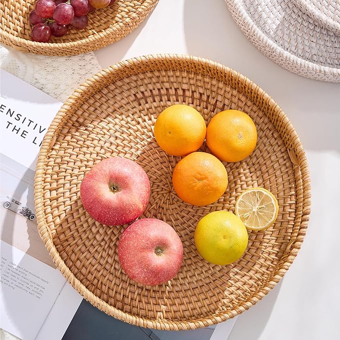 Round Rattan Serving Tray,Hand-Woven Tray with Handles, Ottoman Decorative Coffee Table Tray,Wicker Storage Basket for Tea,Fruit,Bread (Natural, 13.5")
