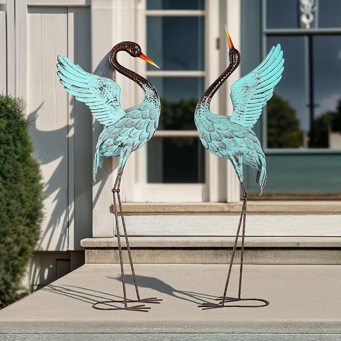 47.5" Extra-Large Blue Heron Decor, Handcrafted Metal Crane Statues with Stable U-Ground Stakes, Backyard Decoration, Metal Garden Bird Animal Yard Art, Lawn Ornament