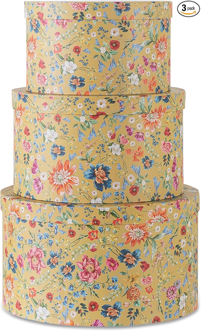 Soul & Lane Botanica Bliss Gold Round Hat Boxes with Lids - Set of 3: Nesting Cardboard Hat Storage, Boho Floral Print Cases, Stacking Circle Decorative Keepsake Boxes