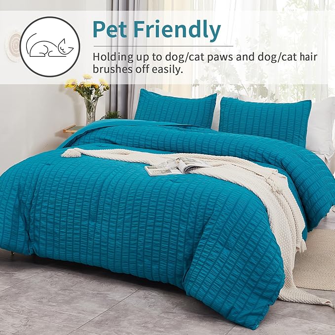 AveLom Teal Seersucker Twin/Twin XL Comforter Set (68x90 inches), 2 Pieces-100% Soft Washed Microfiber Lightweight Comforter with 1 Pillowcase, All Season Down Alternative Comforter Set for Bedding
