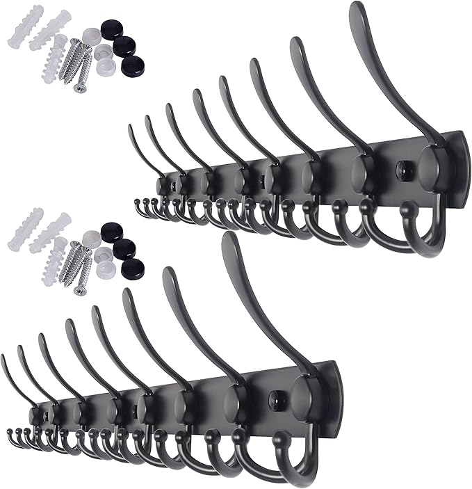 WEBI Coat Rack Wall Mount Long, 8 Tri Hooks for Hanging, 30 Inch Hook Rail, Hanger for Clothes, Jackets, Hats, Black, 2 Packs