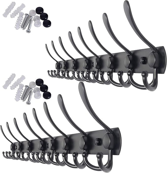 WEBI Coat Rack Wall Mount Long, 8 Tri Hooks for Hanging, 30 Inch Hook Rail, Hanger for Clothes, Jackets, Hats, Black, 2 Packs