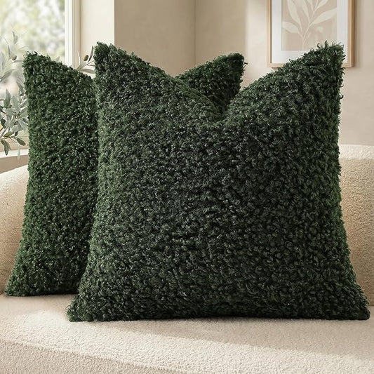 decorUhome Pack of 2 Throw Pillow Covers 18x18 Inch, Faux Fur Decorative Sherpa Pillow Covers Fuzzy Accent Soft Sheepskin Fleece Pillow Cases for Couch Living Room Bed, Olive Green