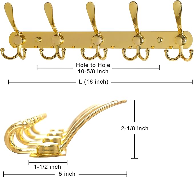 Dseap Coat Rack Wall Mounted - 5 Tri Hooks, Heavy Duty, Stainless Steel, Metal Coat Hook Rail for Coat Hat Towel Purse Robes Mudroom Bathroom Entryway (Gold, 2 Packs)