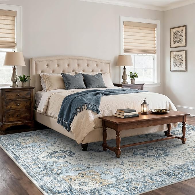 BESBLEE 8x10 Area Rugs for Living Room, Machine Washable Non Slip Vintage Rugs, Low Pile Lightweigt Chenille Print Indoor Rug for Bedroom, Dining Room, Home Office, Blue