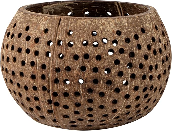 Restaurantware-Coco Casa 4 x 3.3 Inch Coconut Shell Candle Holders, 10 Reusable Tealight Holders - Candle Not Included, Dotted Pattern, Brown Coconut Bowls For Candles, Handcrafted,