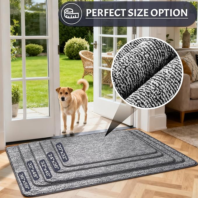 REFETONE Indoor Doormat, Front Door Mat 32"x48" Absorbent Rubber Backing Non Slip Back Door Mats, Washable Low-Profile Inside Floor Mat Door Rugs for Entryway, Resist Dirt Mud Mat for Dogs, Dark Grey