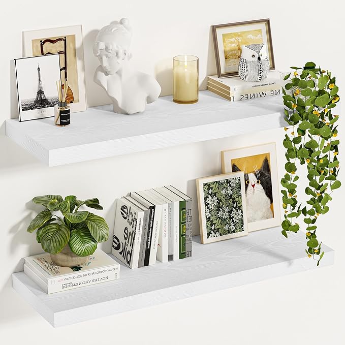Vivelove White Floating Shelves 12 Inches Deep, [Wood Grain Texture] 35.4x12 Floating Shelves for Wall with Invisible Brackets, Room Shelves for Living Room Bedroom Bathroom Kitchen Office, Set of 2
