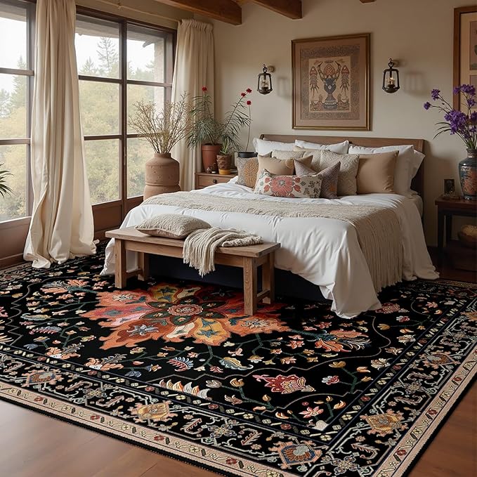 RELEANY Area Rugs 5'x8' Washable Non-Slip, Floral Vintage Distress Print Pattern Medallion Carpet for Living Room Bedroom Dining Room, Black Colorful Floral Dark Tan