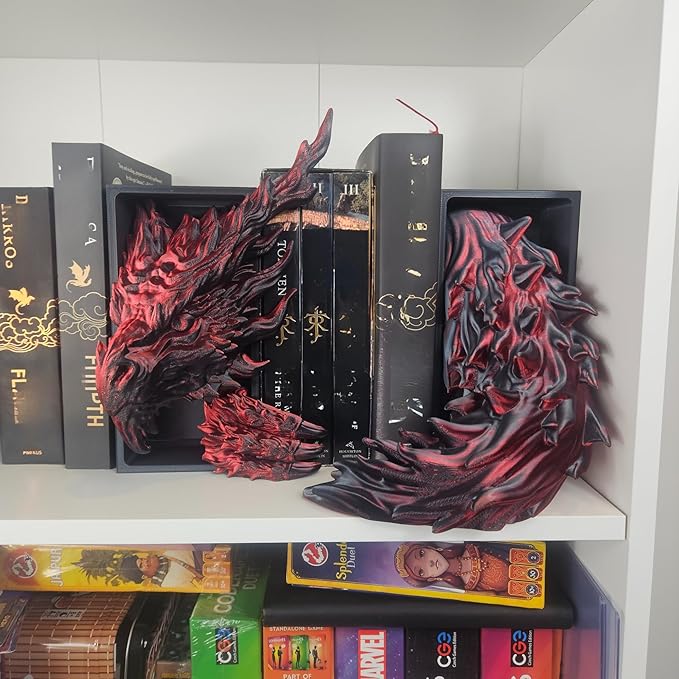 Dragons Awakening Book End – Fantasy Book Nook Insert for Dragon Readers – Unique Home Decor for Bookshelves & Libraries (Head and Tail - Inferno Dragon)