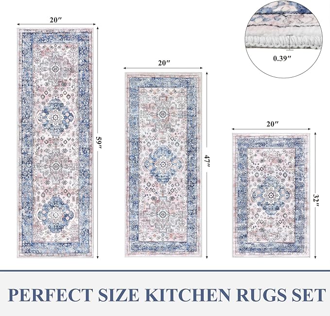 Pauwer Kitchen Rugs Sets of 3 Non Slip Washable Kitchen Mats for Floor Farmhouse Kitchen Floor Mat Runner Rug Boho Kitchen Sink Rug Carpet for Kitchen Hallway Laundry Room, Blue