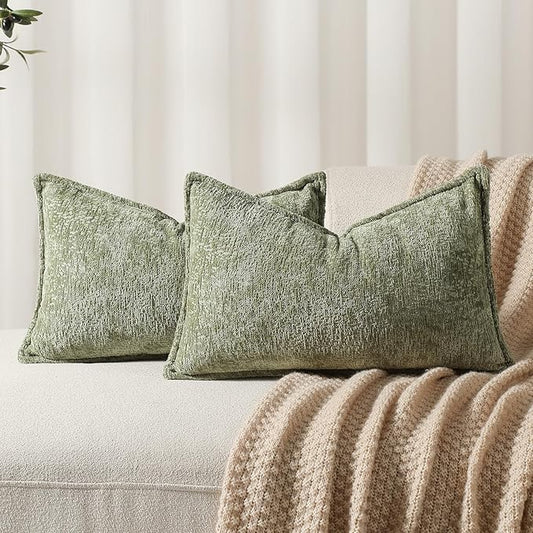 DEZENE Pack of 2 Sage Green Christmas Decorative Throw Pillow Covers 12x20 Cozy Soft Chenille Accent Vintage Rectangular Lumbar Couch Pillow Covers for Home Decor Bed Sofa Living Room