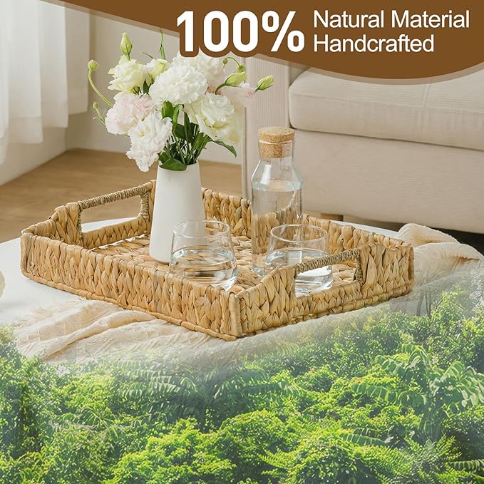 Rectangle Wicker Scalloped Serving Tray with Handles - Seagrass Handwoven Trays,Water Hyacinth Tray for Home Decor and Living Room, Dining Table, Bathroom Organizing, 17.3" L x 13.4" W x 3.6" H