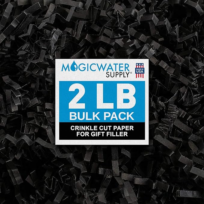 MagicWater Crinkle Cut Paper for Gift Baskets - 2LB - Black - Perfect for Shredded Paper Filler, Basket Filler, Gift Boxes, Bridesmaid Gifts, Christmas Stuffers & More – Ideal for All Occasions