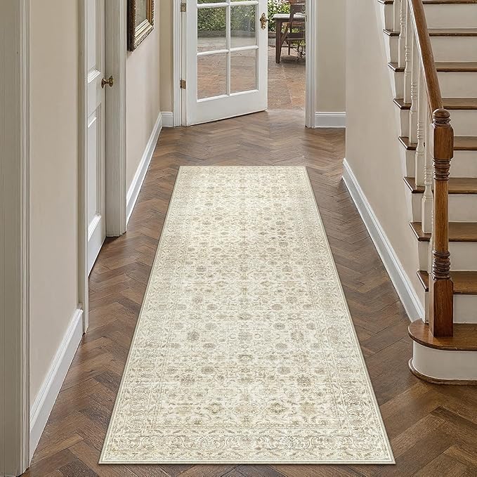 PureCozy 2x6 Runner Rug Machine Washable Hallway Kitchen Vintage Distressed Non Slip Carpet Indoor Small Long Low Pile Thin Beige Bedroom Bathroom Retro Accent Throw Rug Laundry Living Room