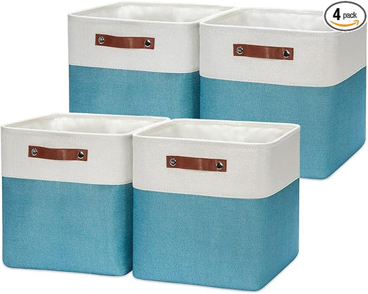 HNZIGE Cube Storage Basket(4 Pack) Collapsible Baskets for Shelves,Dog Toys,Book,12x12 Fabric Storage Cube Bins Set for Room,Office,Closet(White&Teal)