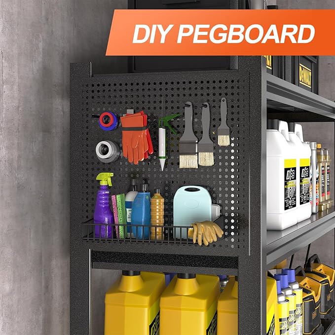 Metal Garage Shelving Unit with Pegboard, Heavy Duty 5-Tier Adjustable Industrial Storage Shelves, 3000 LBS Steel Storage Rack for Garage, Warehouse, Basement, 72"H x 47.2"W x 23.6"D, Black