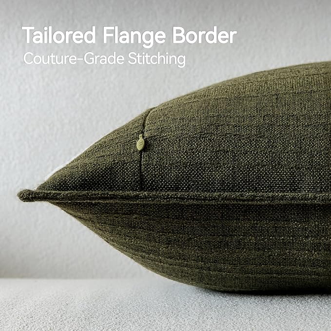 a moment Linen Pillow Covers Set of 2,Boho Farmhouse Throw Pillowcases Neutral Textured Decorative Covers for Couch Sofa,Linen Blend Accent Case Cushion Living Room Home Decor 22"x22"Dark Green