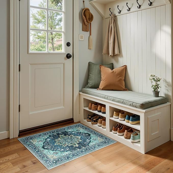 RELEANY Area Rugs 2'x3' Washable Non-Slip, Floral Vintage Distress Print Pattern Medallion Carpet for Living Room Bedroom Dining Room, Teal Green Lake Blue Turquoise