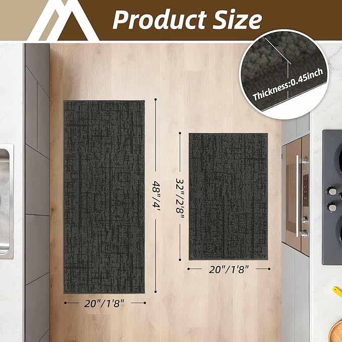 COSY HOMEER Kitchen Rugs 20"x32"+20"x48",Absorbent Soft Kitchen Mats for Floor,Non Slip Kitchen Runner Rug,Washable Kitchen Floor Mats for Sink Mat,Hallway,Laundry,Dark Grey