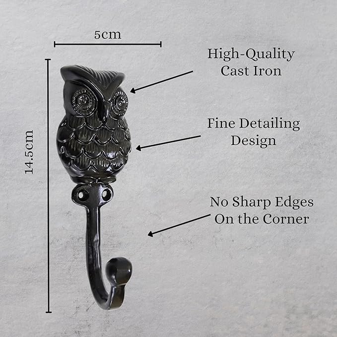 Set of 3 Cast Iron OWL Shape Coat Hooks Wall Art Decor-OWL Shape Hangers and Key Holder-Clothes Rack and Backpack Hanger-Coat Hooks Home Decor for Storage,Living Room