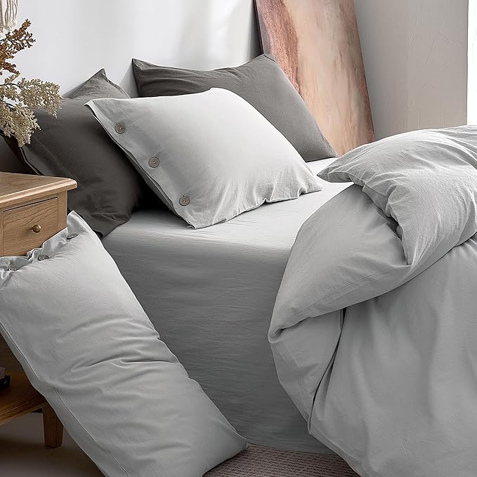 JELLYMONI 100% Washed Cotton Duvet Cover Twin – Soft, Breathable Linen-Look Bedding with Natural Wrinkle Texture, Button Closure, 2-Piece Set (Pale Grey, 68"x90")