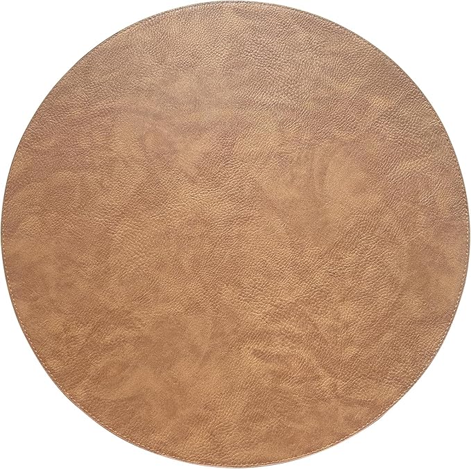 Morgan Faux Leather Round Set of 12 Placemats, 15", Camel, Heat Resistant, Stain Resistant, Non-Slip, Reversible, Durable Table Mats for Kitchen, Dining Table, Indoor Washable Use