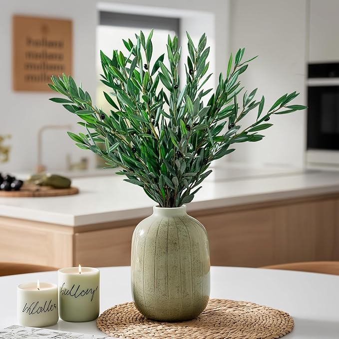 8PCS Premium Artificial Olive Branches for Vases - Realistic PU & Silk Faux Greenery Stems, 3 Sizes, Bendable Wire Stems, Low Maintenance Home/Office/Holiday Decor(No Vase