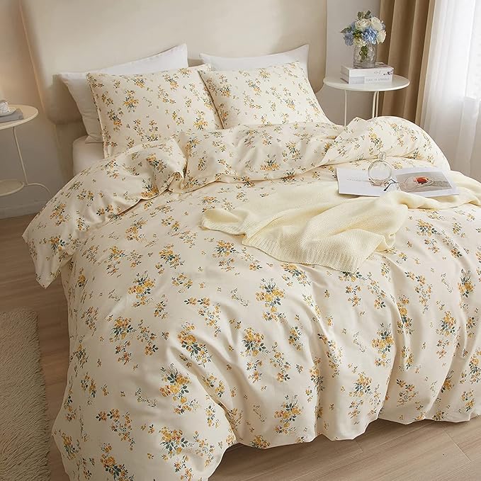 LifeTB Chic Garden Floral Twin XL Soft Cotton Yellow Floral Bedding Sets Cottagecore Botanical Comforter Cover with Zipper Closure