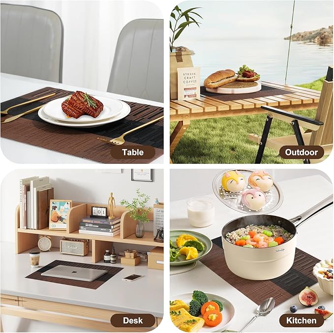 Placemats Set of 8，Non-Slip PVC Weave Table Mats Easy to Clean，Heat Resistant Place Mats for Kitchen Dining Table Decoration Indoor Outdoor，Black Brown