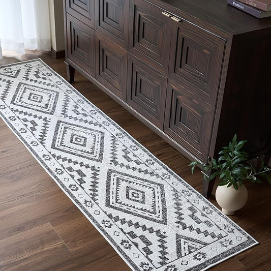 RAMEFILD Moroccan Washable Runner Rug 2x8, Geometric Woven Area Rug, Farmhouse Boho Hallway Rug Runner, Non-Slip Soft Lightweight Throw Rug for Bedroom Living Room Laundry Kitchen, Dark Brown/White