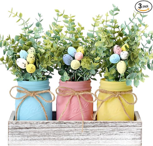 Easter Decorations, Mason Jar Centerpiece for Dinning Table with Wood Tray & Easter Eggs Decor, Table Decor for the Home, Spring Decorations for Home