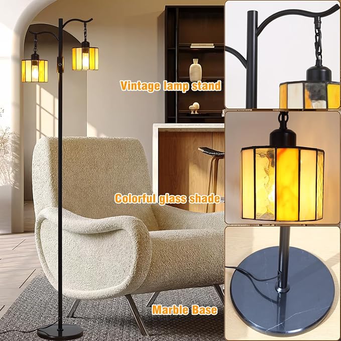 Asmymhd Vintage Dimmable Floor Lamp, Tiffany Standing Lamp with 2 Stained Glass Shades, Rustic Farmhouse Floor Lamp with Black Finish for Living Room Bedroom