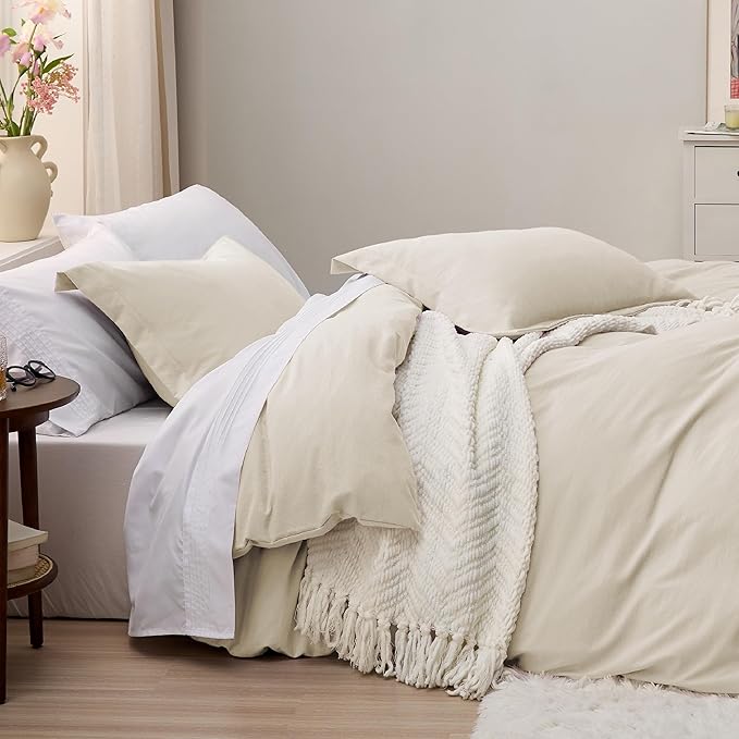 Bedsure Oat Milk Duvet Cover Queen Size - 3 Pieces Prewashed Cotton-Like Extra Soft Bedding Set, Includes 1 Duvet Cover 90x90 Inches with Zipper Closure & 2 Pillow Shams, Comforter Not Included