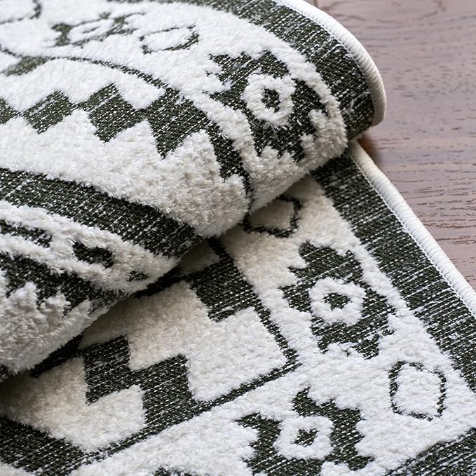 RAMEFILD Moroccan Washable Runner Rug 2x8, Geometric Woven Area Rug, Farmhouse Boho Hallway Rug Runner, Non-Slip Soft Lightweight Throw Rug for Bedroom Living Room Laundry Kitchen, Olive Green/White