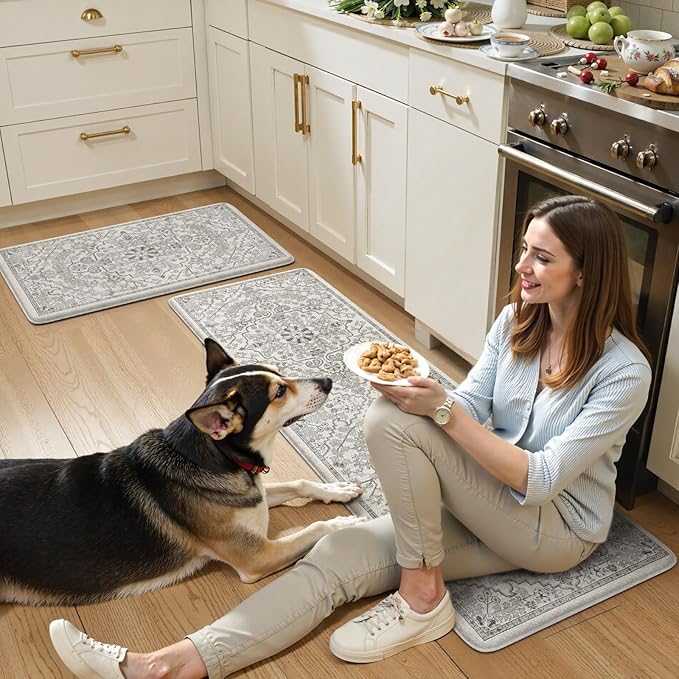KIMODE Anti Fatigue Kitchen Mats, 2 PCS Cushioned Kitchen Rugs and Mats, Boho Kitchen Floor Mats Non Slip, Comfort Foam Standing Mat for Laundry, Office, Sink, Grey 17.3" x 59"+17.3" x 29"