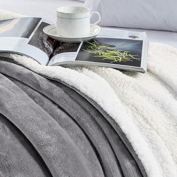 MOONLIGHT20015 Sherpa Blankets Queen Size - (Grey, 90X90 Inches) Fuzzy, Soft and Wool/Fleece Blanket for Bed, Fluffy Blankets for Winter, Camping and Travel
