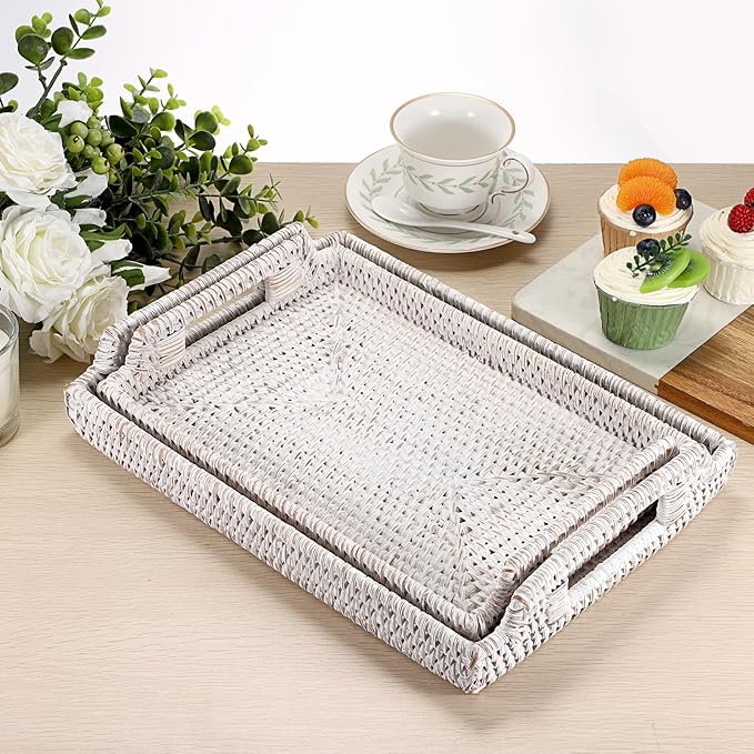 Hipiwe Rattan Serving Tray with Wooden Handles - Hand Woven Decorative Tray for for Coffee Table, Rectangular Basket Ottoman Trays Wicker Fruit Bread Serving Basket, Whitewash