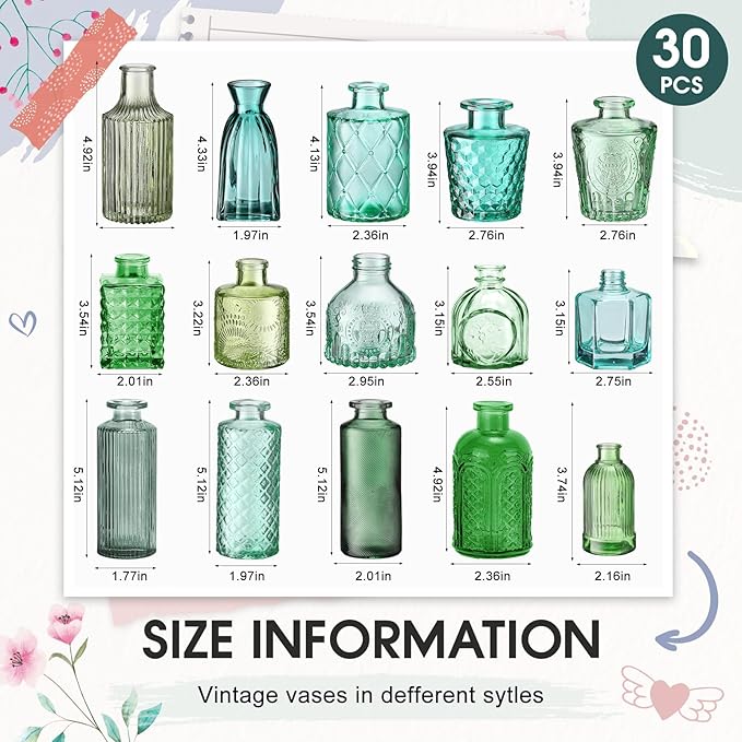 Yaomiao 30 Pcs Vases Bulk Colored Flower Glass Bud Vases Valentine Vintage Colored Glass Bottles Colorful Rustic Embossed for Home Wedding Table Decorations Gifts(Green Series)