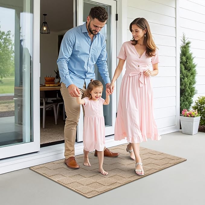 GRANNY SAYS Front Door Mat Outside Entrance, Door Mats for Entryway, Welcome Matt Non-Slip, Large Front Porch Mat Low Profile Resist Dirt, 48"x32", Khaki Check