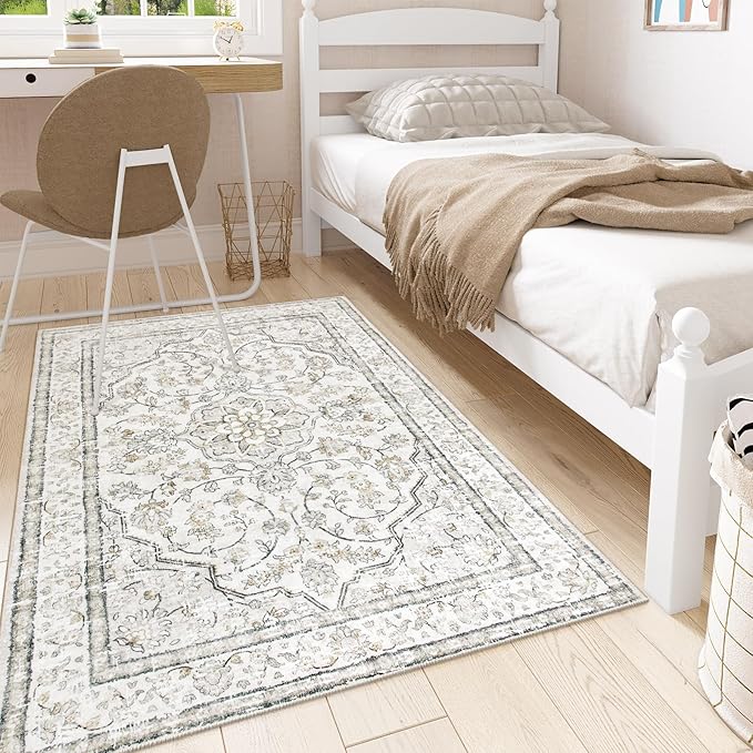 Lahome Oriental Washable Rugs 3x5, Rug for Entryway Indoor Non-Slip, Ultra-Thin Soft Boho Area Rug for Bedroom, Traditional Vintage Low-Pile Entry Throw Rugs Mats for Bathroom Kitchen,(3x5ft, Beige)
