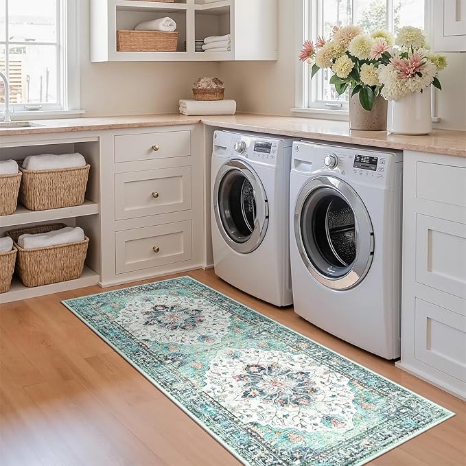 RELEANY Area Rugs 2'x6' Washable Non-Slip, Floral Vintage Distress Print Pattern Medallion Carpet for Living Room Bedroom Dining Room, Green Navy Blue White Red Teal Colorful