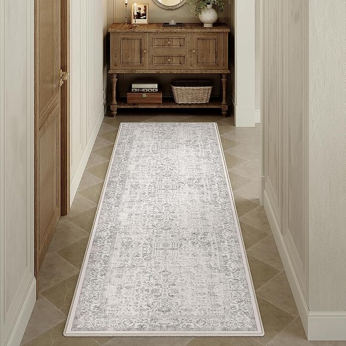 PureCozy Gray Runner Rug 2x5 Hallway Machine Washable Kitchen Vintage Distressed Non Slip Carpet Indoor Grey Retro Floral Bedroom Accent Throw Rug for Bathroom Office Laundry Dining Living Room
