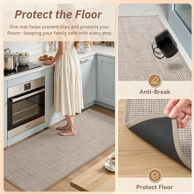 PADOOR Kitchen Rug Sets Non Slip, Washable Kitchen-Mats for Floor Absorbent Runner Rug for Kitchen, Kitchen Floor Mat for Hallway Laundry 17"x30"+17"x47" Beige